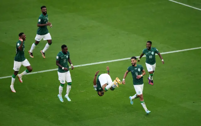 Saudi Arabia and Saleh Al Shehri celebrate scoring against Argentina in the 2022 Fifa World Cup