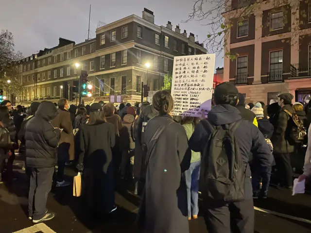 Protesters gathered outside the Chinese embassy in London