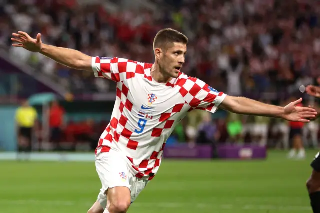 Andrej Kramaric of Croatia celebrates after scoring their team's first goal during the FIFA World Cup Qatar 2022 Group F match between Croatia and Canada at Khalifa International Stadium on November 27, 2022 in Doha