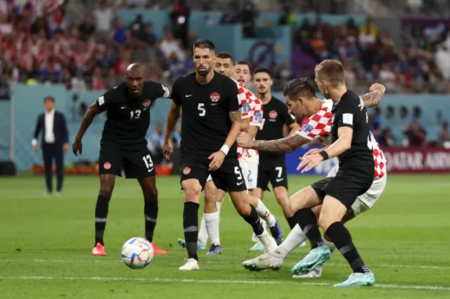 Marko Livaja of Croatia scores their team's second goal during the FIFA World Cup Qatar 2022 Group F match between Croatia and Canada at Khalifa International Stadium on November 27, 2022 in Doha