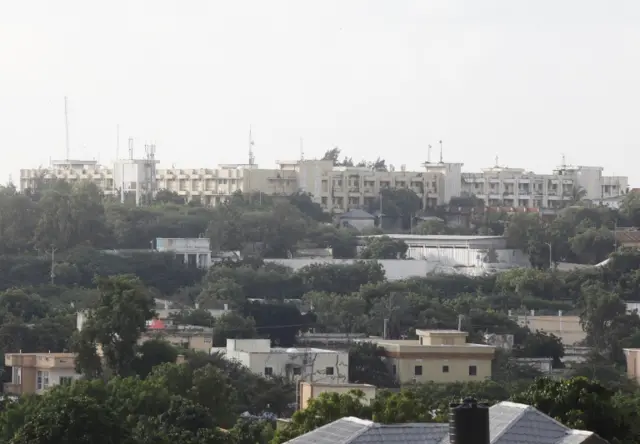 A general view shows a section of the Presidential Palace area where the Al Qaeda-linked al-Shabab Islamist militants attacked Villa Rose hotel