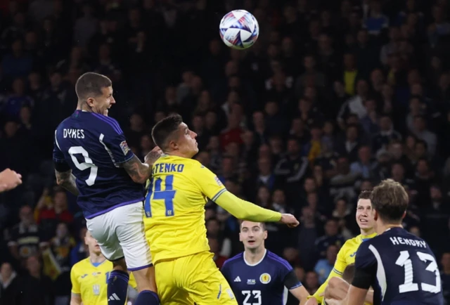 Scotland striker Lyndon Dykes scores against Ukraine at Hampden