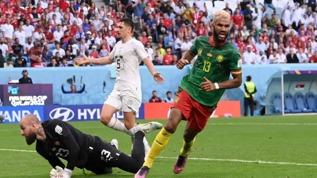 Eric Maxim Choupo-Moting of Cameroon celebrates after scoring their team's third goal