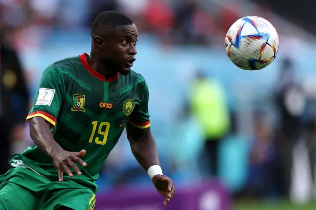 Collins Fai of Cameroon controls the ball during the FIFA World Cup Qatar 2022 Group G match