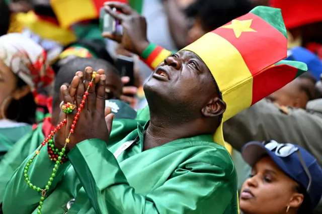 A fan of Cameroon shows his support during the FIFA World Cup Qatar 2022 Group G match between Cameroon v Serbia at Al Janoub Stadium on November 28, 2022 in Al Wakrah, Qata