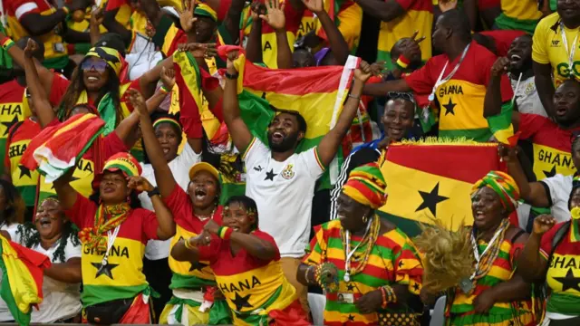 Ghana fans celebrate their team's second goal during the FIFA World Cup Qatar 2022 Group H match between Korea Republic and Ghana at Education City Stadium on November 28, 2022 in Al Rayyan, Qatar.