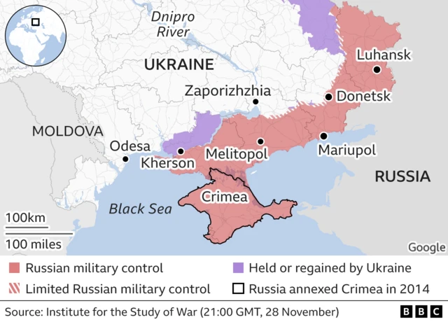 Map of southern Ukraine showing areas controlled by Russia in red, including Crimea. Melitopol, Mariupol, Donesk and Luhansk, Areas recaptured by Ukraine are in purple, including Kherson.