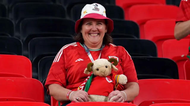 A Wales fan takes their seat in the stands ahead of the FIFA World Cup Group B match at the Ahmad Bin Ali Stadium