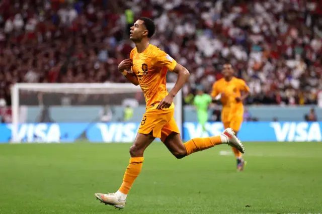 Cody Gakpo of Netherlands celebrates after scoring their team’s first goal during the FIFA World Cup Qatar 2022 Group A match between Netherlands and Qatar at Al Bayt Stadium on November 29, 2022 in Al Khor