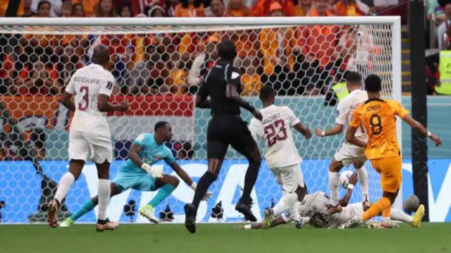 Cody Gakpo of Netherlands celebrates after scoring their team’s first goal during the FIFA World Cup Qatar 2022 Group A match between Netherlands and Qatar at Al Bayt Stadium on November 29, 2022 in Al Khor, Qatar. (Photo by Catherine Ivill/Getty Images)