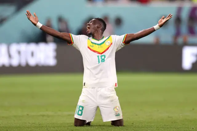 Ismaila Sarr of Senegal celebrates after the 2-1 win during the FIFA World Cup Qatar 2022 Group A match between Ecuador and Senegal at Khalifa International Stadium on November 29, 2022 in Doha, Qatar