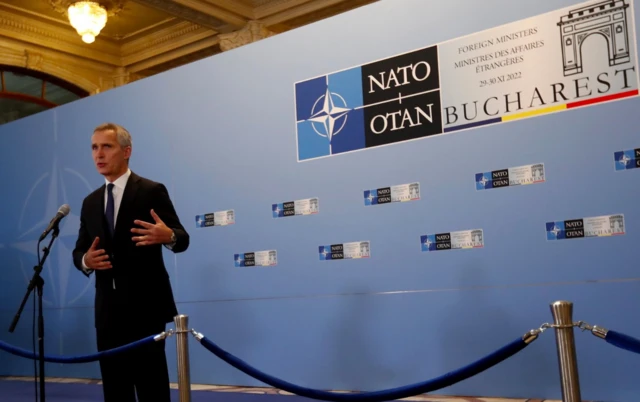 NATO Secretary General Jens Stoltenberg, speaks before the NATO Foreign Ministers Meeting held at Parliament Palace in Bucharest