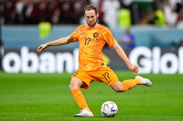 Daley Blind of the Netherlands passes the ball during the Group A - FIFA World Cup Qatar 2022 match between Netherlands and Qatar at the Al Bayt Stadium on November 29, 2022 in Al Khor