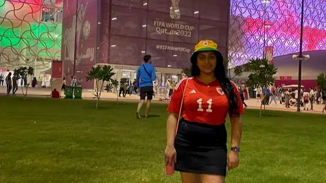 Roopa Vyas, 25, from Caerphilly, outside the stadium in Qatar