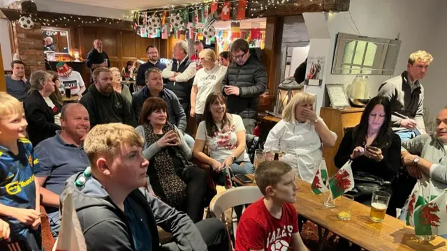 Welsh fans in The Dolphin pub watching the match