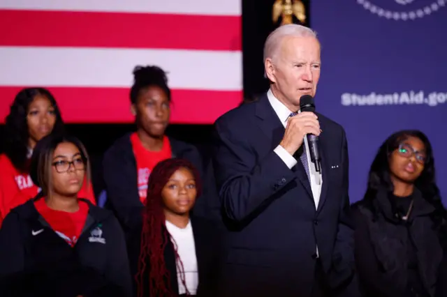 Joe Biden speaking to students while he promotes his debt relief program.