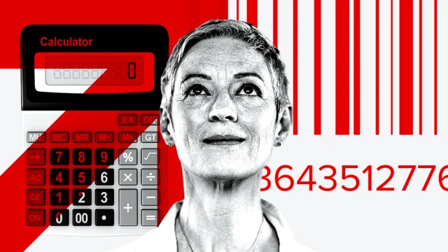 BBC graphic showing a woman next to a calculator and a barcode