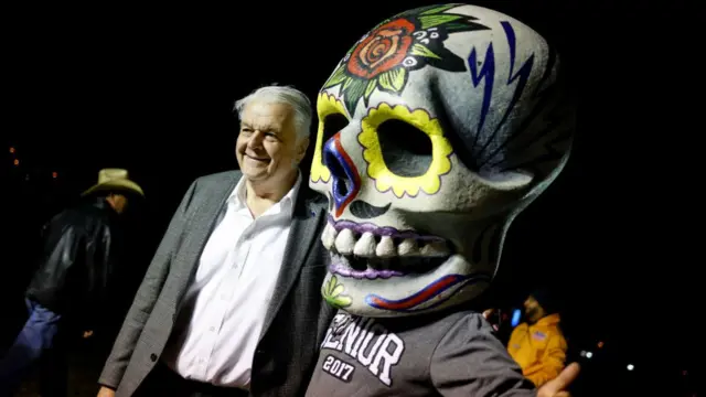 Governor Sisolak poses with a Calavera, which is a representation of a human skull