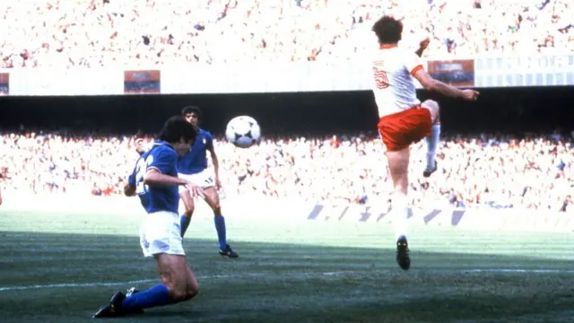 Paolo Rossi of Italy scores the goal during the World Cup Spain 1982 match between Poland and Italy