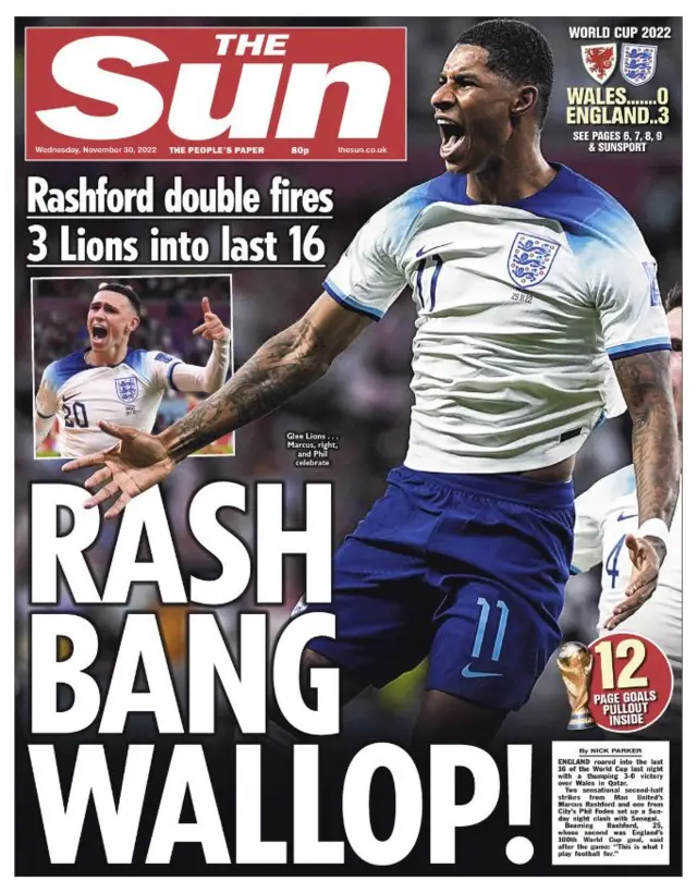 The Sun front page with the headline Rash Bang Wallop! and Marcus Rashford celebrating