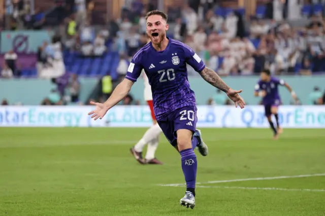 Alexis Mac Allister celebrates scoring for Argentina.