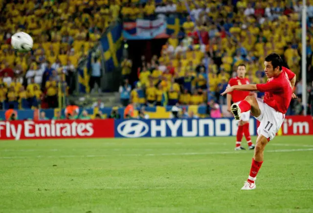 Joe Cole volleys a goal for England against Sweden