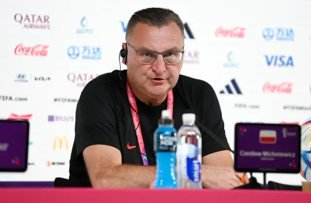 Czeslaw Michniewicz, Head Coach of Poland, speaks during the Poland Press Conference at the Main Media Center on November 29, 2022 in Doha, Qatar