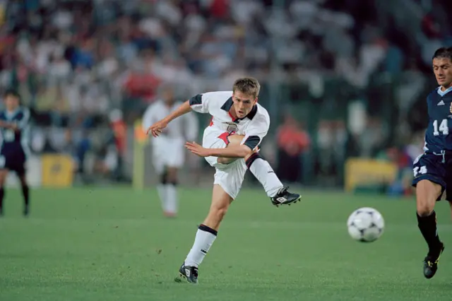 Michael Owen scores against Argentina at World Cup '98