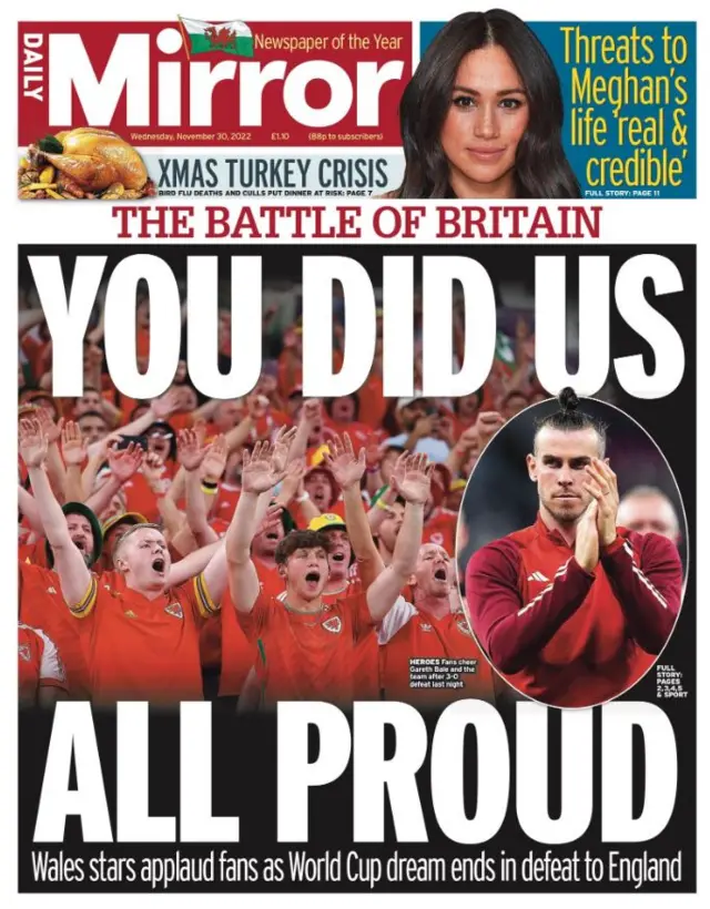 Mirror Wales front page with a picture of fans chanting and Gareth Bale clapping. The headline is "All Proud"