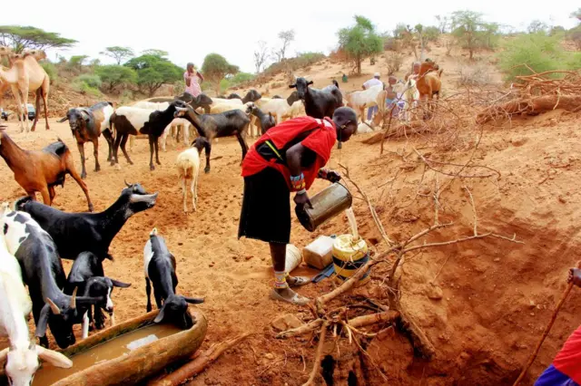 A girl tries to get clean water during the food and water shortages which also affects the areas where people live in Nairobi, Kenya on November 23, 2022