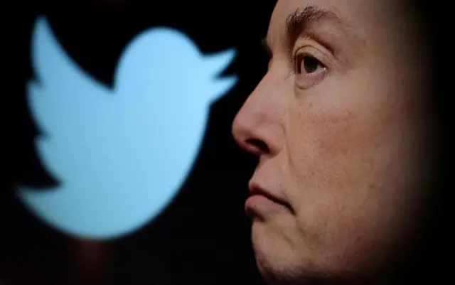 Twitter logo and Elon Musk