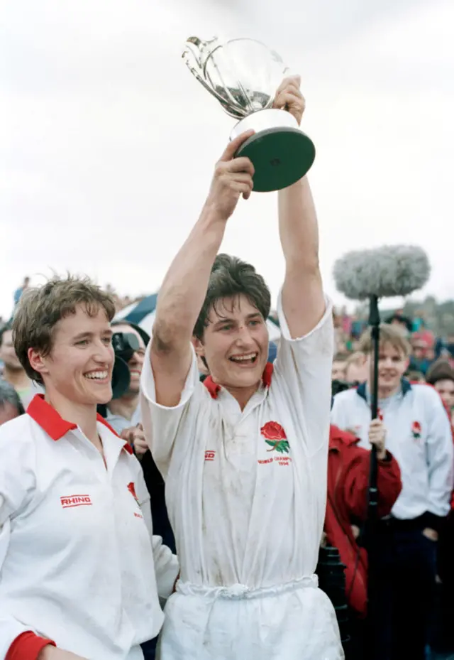 Janice Ross and Karen Almond after England's 38-23 win over USA in 1994