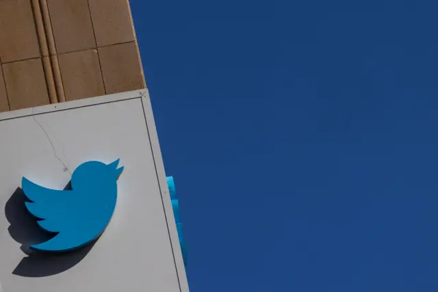 The Twitter logo on the company's headquarters