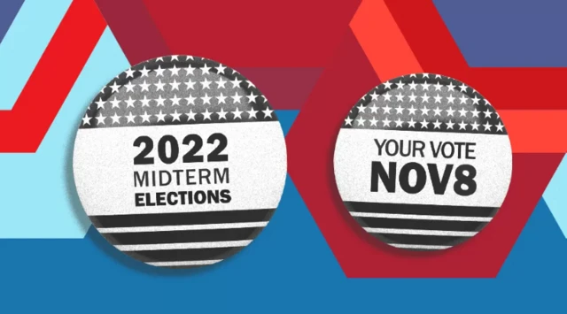 BBC illustration of badges saying '2022 midterm elections' and 'Your vote Nov8'