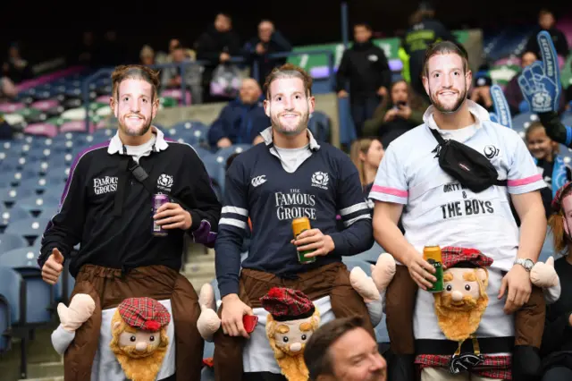 Scotland fans wear Finn Russell masks during an Autumn Nation Series match between Scotland and Fiji at BT Murrayfield