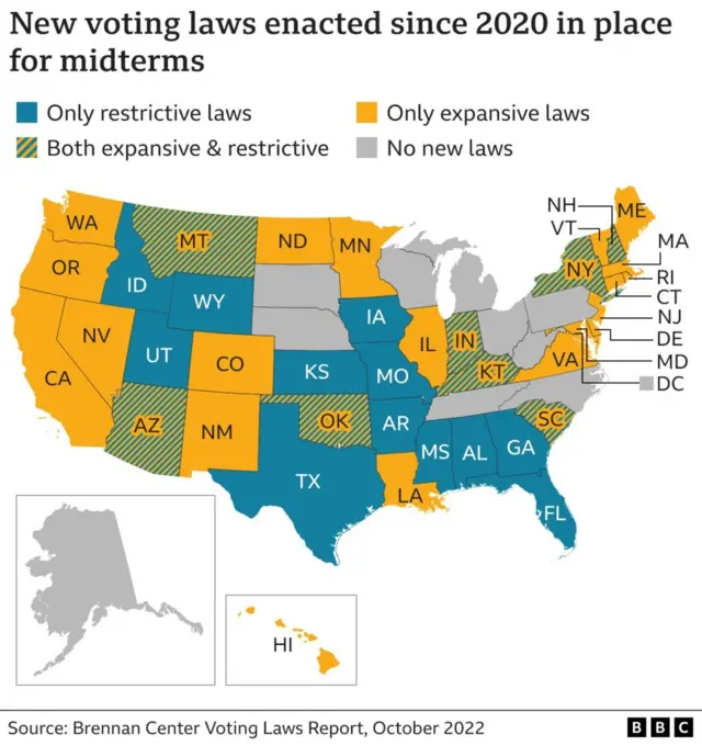 Map of US with states highlighted showing changes in voting restrictions