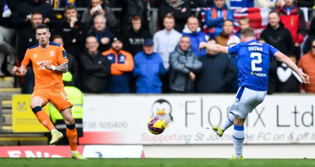 James Brown's smashes in St Johnstone's first goal against Rangers at McDiarmid Park