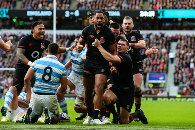 Joe Cokanasiga of England celebrates