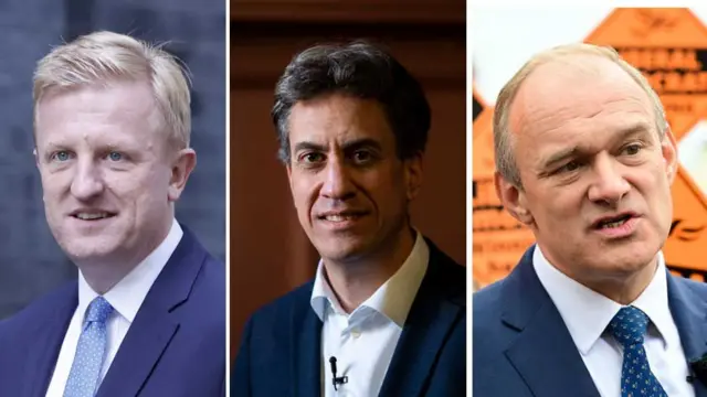 (l-r) Oliver Dowden; Ed Miliband; Sir Ed Davey