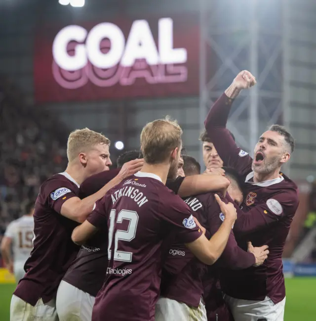 Hearts players celebrate Lawrence Shankland's winning goal