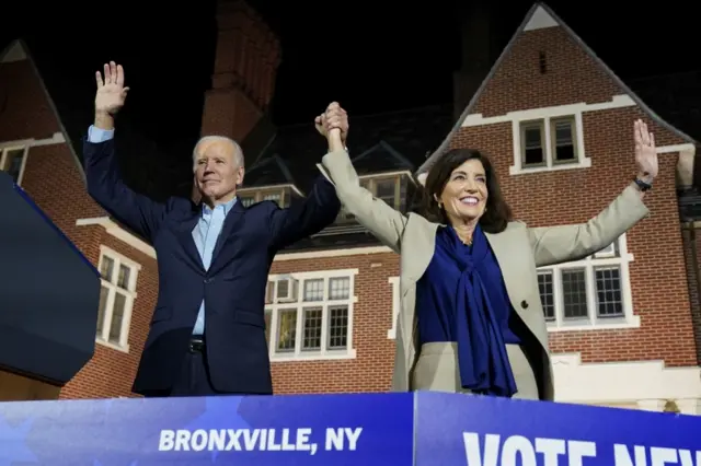 US President Joe Biden attends a campaign rally for Democratic incumbent Governor Kathy Hochul and other New York Democrats in Yonkers, New York, on 6 November 2022