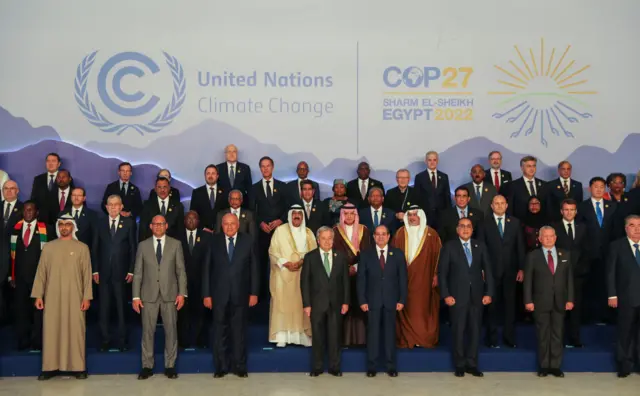 Leaders, including Egyptian President Abdel Fattah al-Sisi, United Nations Secretary General Antonio Guterres, France's President Emmanuel Macron, and Bulgaria's President Rumen Radev, pose for a group photo