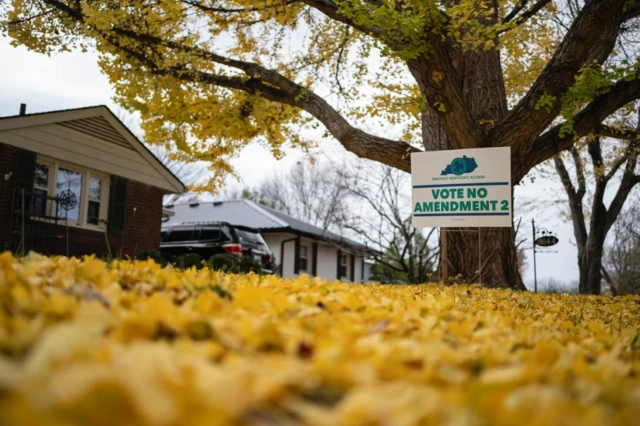 A lawn sign that says 'Vote No Amendment 2' in Kentucky