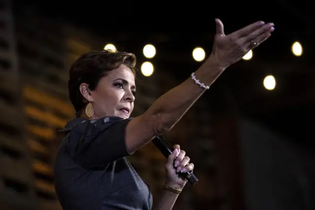 Republican candidate for governor of Arizona Kari Lake delivers a speech at a midterms rally