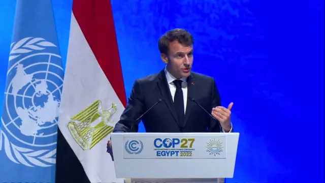 French President Emmanuel Macron speaking at the COP27 summit in Sharm El-Sheikh, Egypt