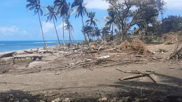 General view of a beach and debris following volcanic eruption and tsunami, in Tonga, January 18th 2022 (Courtesy of Marian Kupu/Broadcom Broadcasting FM87.5)