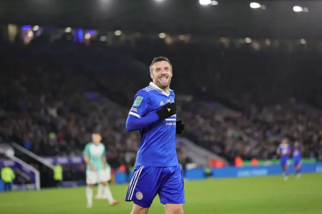 Leicester striker Jamie Vardy celebrates scoring in EFL Cup win over Newport