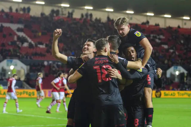 Lincoln City's Paudie O'Connor celebrates scoring his side's third goal with team-mates during the Carabao Cup Third Round match between Bristol City and Lincoln City at Ashton Gate