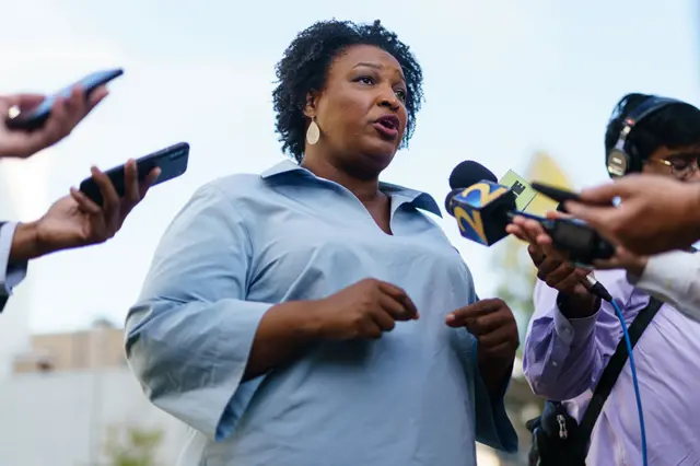 Democratic Georgia gubernatorial candidate Stacey Abrams speaks to the media at Georgia State University on 7 November 2022 in Atlanta, Georgia