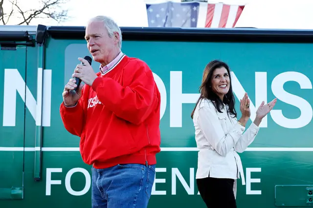 Senator Ron Johnson takes the stage after being introduced by former Ambassador to the United Nations Nikki Haley during a campaign rally at the Waukesha County Expo on 7 November 2022 in Waukesha, Wisconsin, US